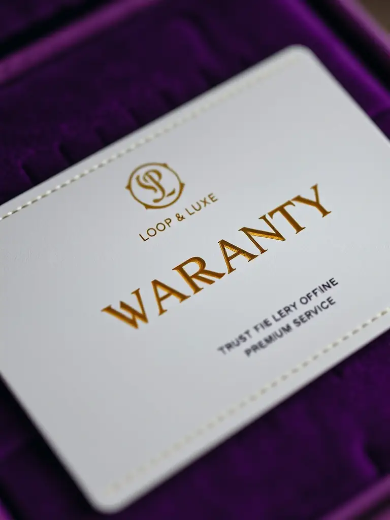 A macro shot of a Loop & Luxe warranty card resting on a velvet jewelry display, highlighting the details of the warranty coverage. The card features elegant typography and the Loop & Luxe logo, emphasizing the brand's commitment to quality and customer satisfaction. The image conveys the assurance of a comprehensive warranty.