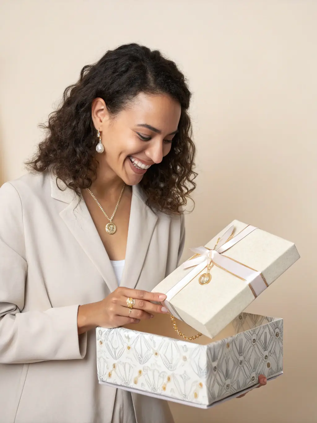 A lifestyle shot of a happy customer receiving a Loop & Luxe package, showcasing the excitement and joy of unboxing a new piece of jewelry. The customer is smiling, and the packaging is elegantly designed, reflecting the brand's commitment to customer satisfaction. The image conveys the positive experience of shopping with Loop & Luxe.